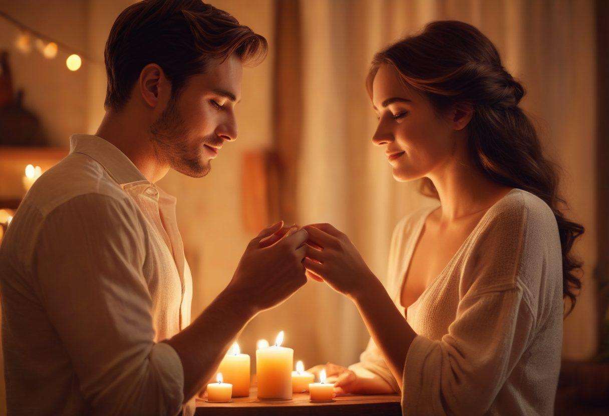 A serene yet passionate scene between a couple sharing an intimate moment, surrounded by soft candlelight and cozy decor. Illustrate elements of flirtation, such as playful glances and gentle touches, intertwined with symbols of deeper intimacy like hearts and intertwined hands. Capture a warm color palette that evokes feelings of love and connection. The background should be blurred to focus on the couple’s interaction. super-realistic. warm tones. romantic atmosphere.