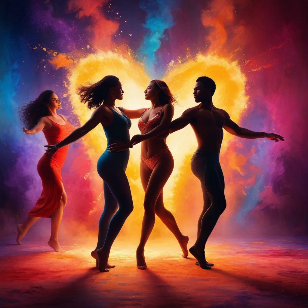 A confident, diverse group of individuals celebrating their sexual empowerment by engaging in various forms of artistic expression, like dance or painting. Vibrant colors and soft lighting create an inviting atmosphere, symbolizing freedom and connection. They are surrounded by an abstract representation of love and passion, with intertwining hearts and flames. The background is ethereal, suggesting an open space for exploration and growth. super-realistic. vibrant colors. ethereal background.