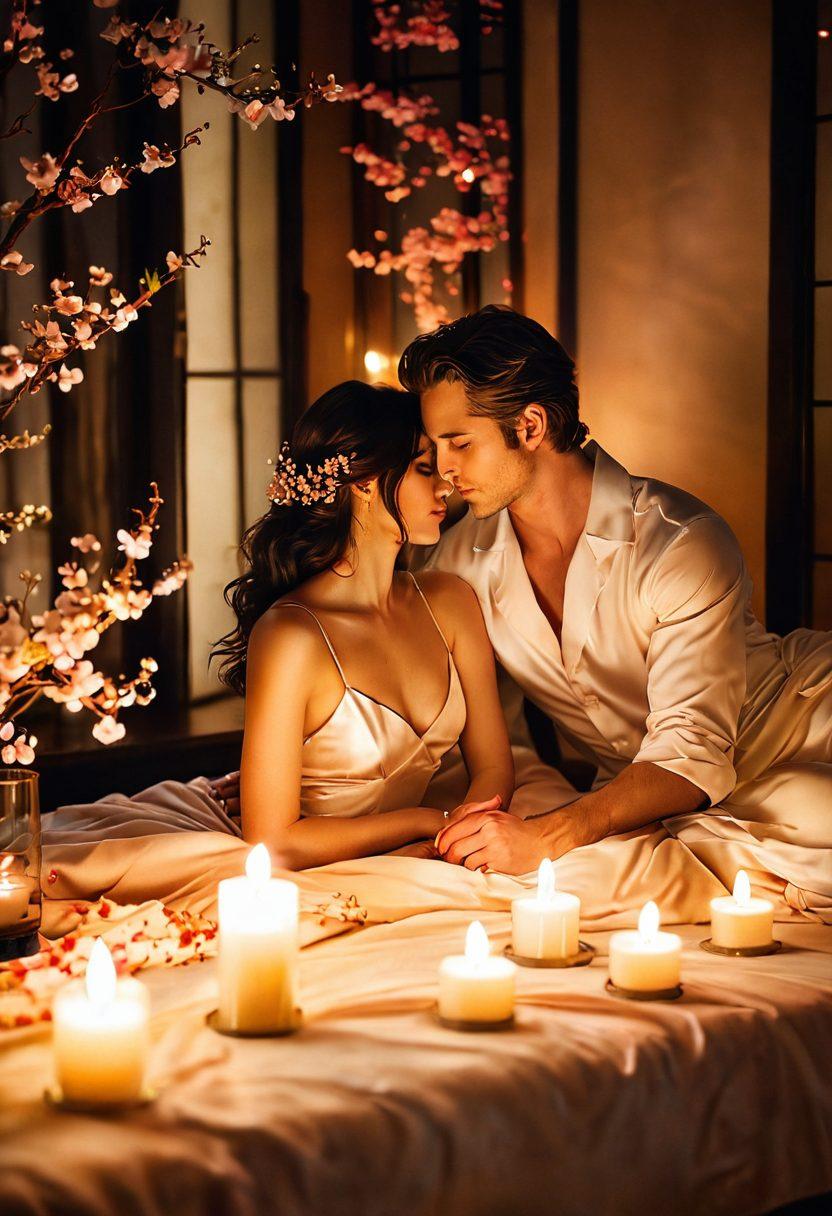 A passionate couple sharing an intimate moment in a dreamy, soft-lit setting adorned with cherry blossoms and ambient candles. The scene captures their deep connection, with warm colors and soft textures emphasizing emotion and sensuality. Include elements like delicate silk sheets and subtle reflections in the background to enhance the atmosphere. surrealistic, vibrant colors.